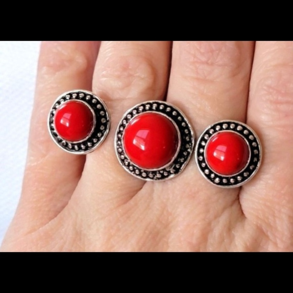 3 red coral stone floating ring sz 8.75+9